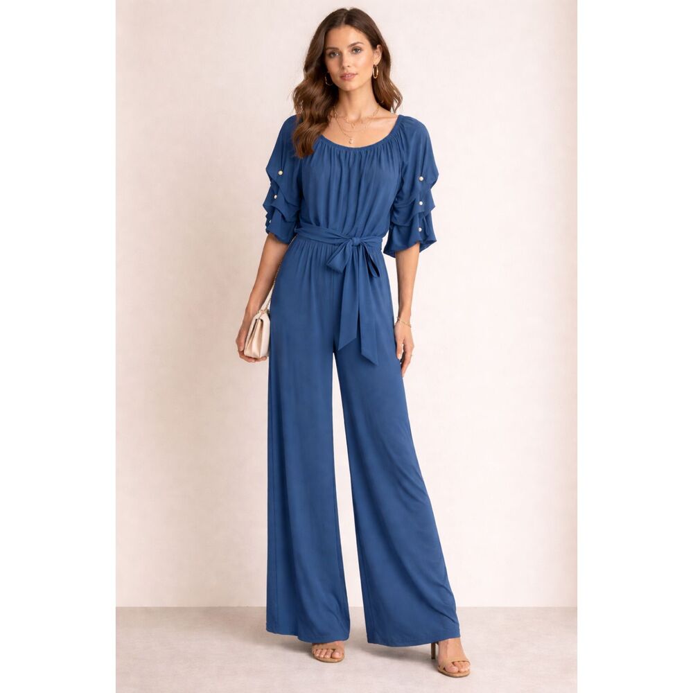 Elegant blue wide-leg flowy belted jumpsuit/Wedding guest/brunch/coastal/resort